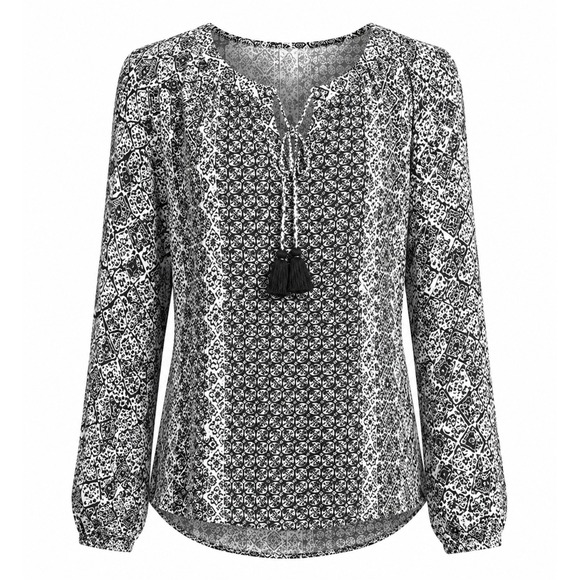 Faded Glory Tops - Faded Glory Womens Black White Peasant Blouse Tassel Tie Long Sleeve Boho Top